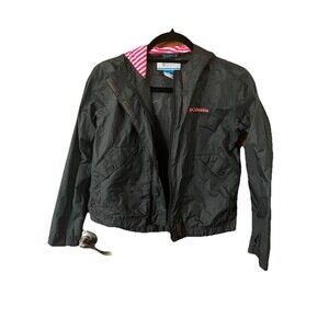 Columbia Girls Windbreaker/Rain Jacket M Full Zip Hooded, Gray/Pink Great Cond